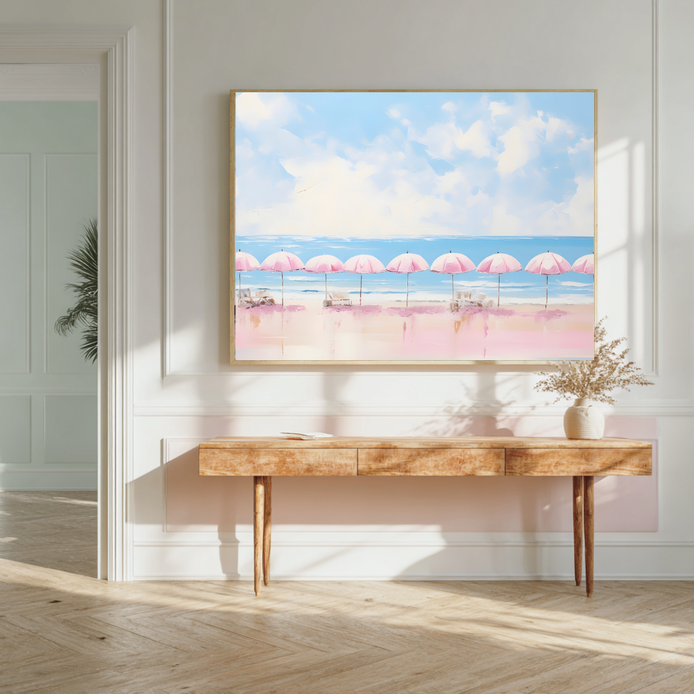 Pink Umbrellas on Beach Print | Colourful Modern Art