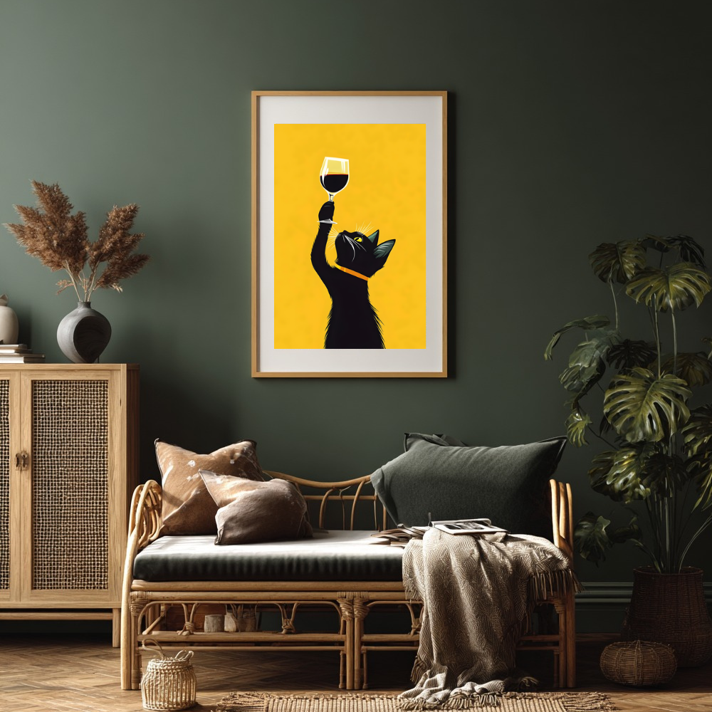 Cat with Wine Glass Wall Art | Colourful Modern Print