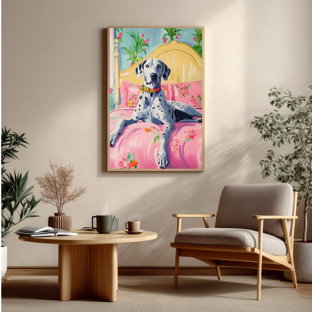 Dog on Bed Wall Art | Colourful Modern Print