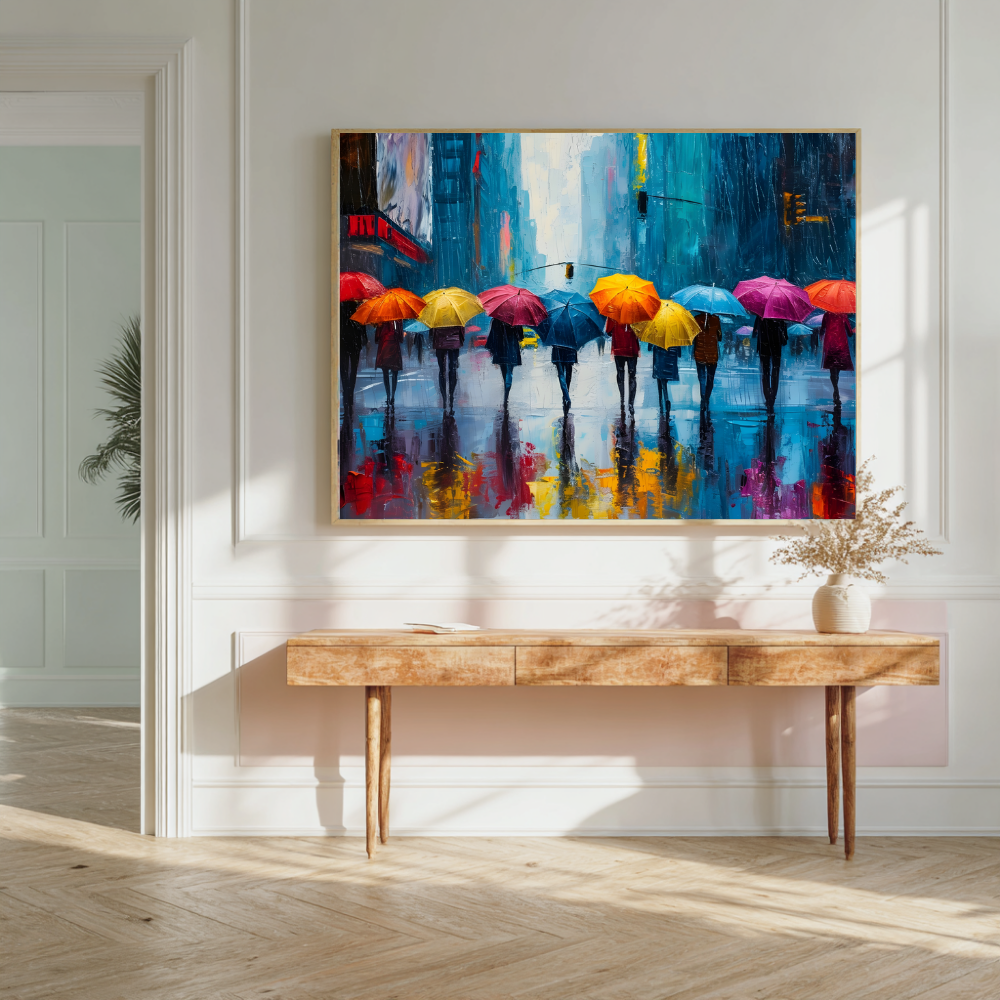 Walking in Rain with Umbrellas Wall Art | Colourful Modern Print