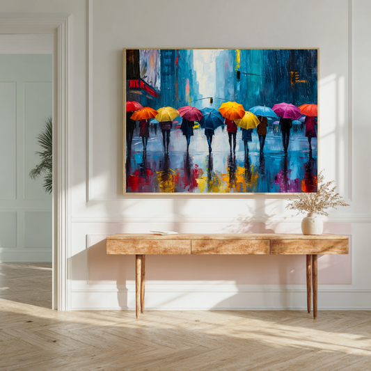 Walking in Rain with Umbrellas Wall Art | Colourful Modern Print