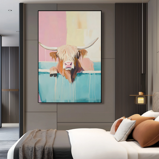 Highland Cow in Bath Wall Art | Colourful Modern Print