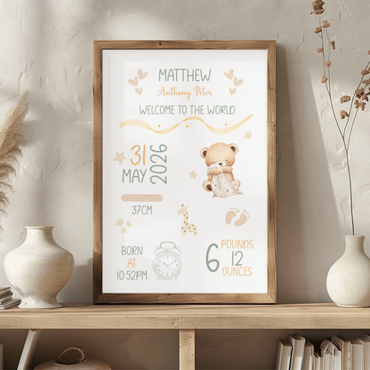 Personalised Baby Birth Print | Custom Nursery Wall Art Gift