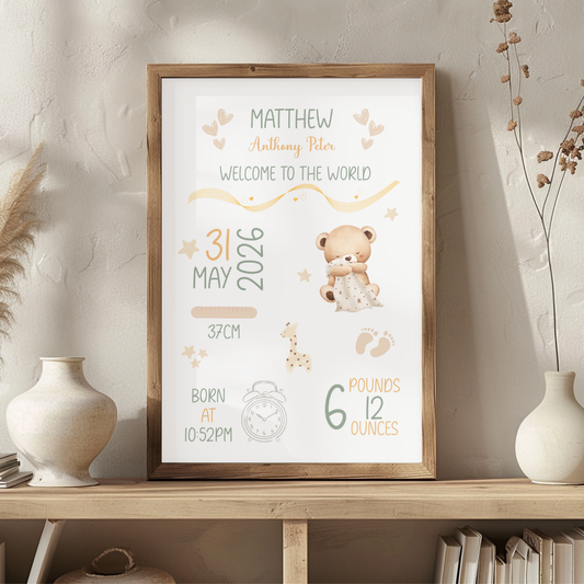Personalised Baby Birth Print | Custom Nursery Wall Art Gift