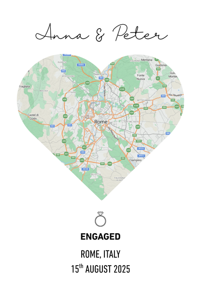 Personalised Engagement Map Print | Custom Heart Map Art