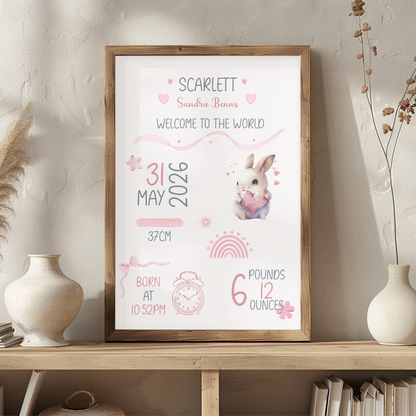 Personalised Baby Girl Birth Print | Custom Nursery Wall Art Gift