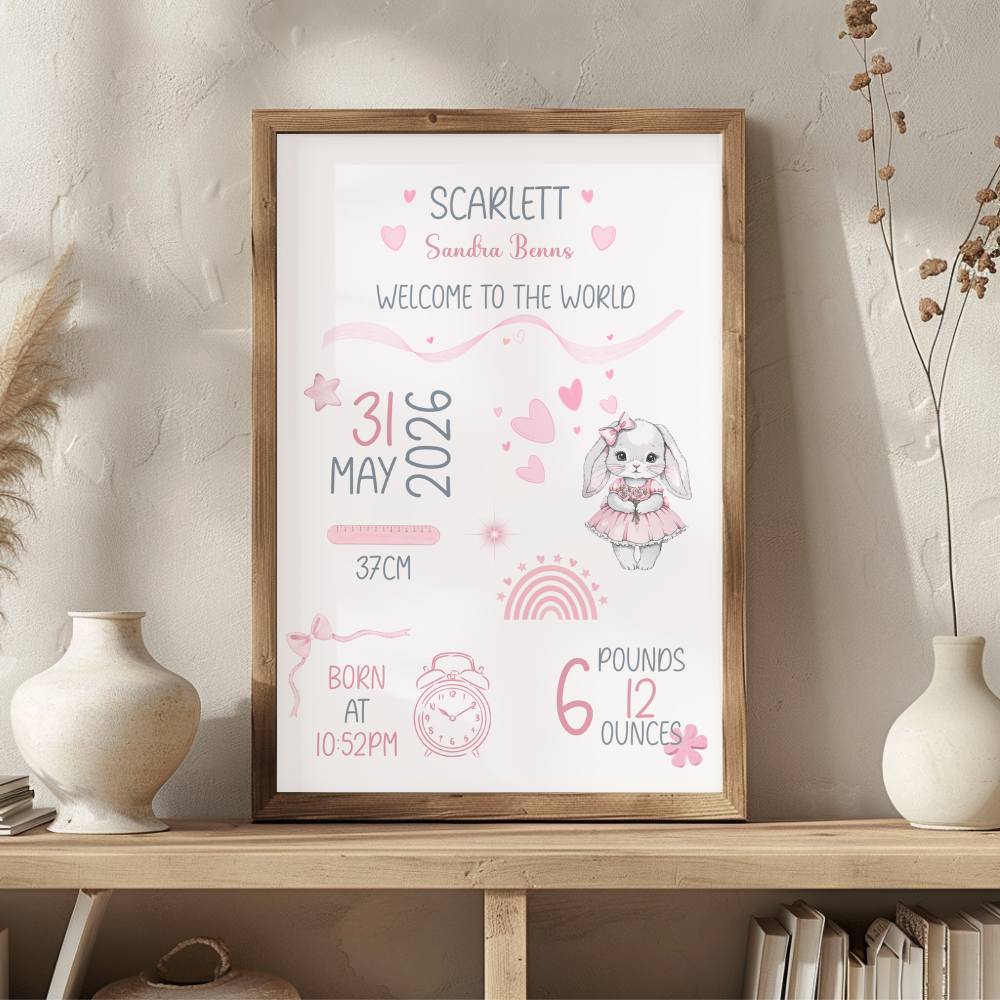 Personalised Baby Girl Birth Print | Custom Nursery Wall Art Gift