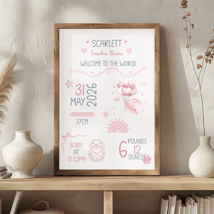 Personalised Baby Girl Birth Print | Custom Nursery Wall Art Gift