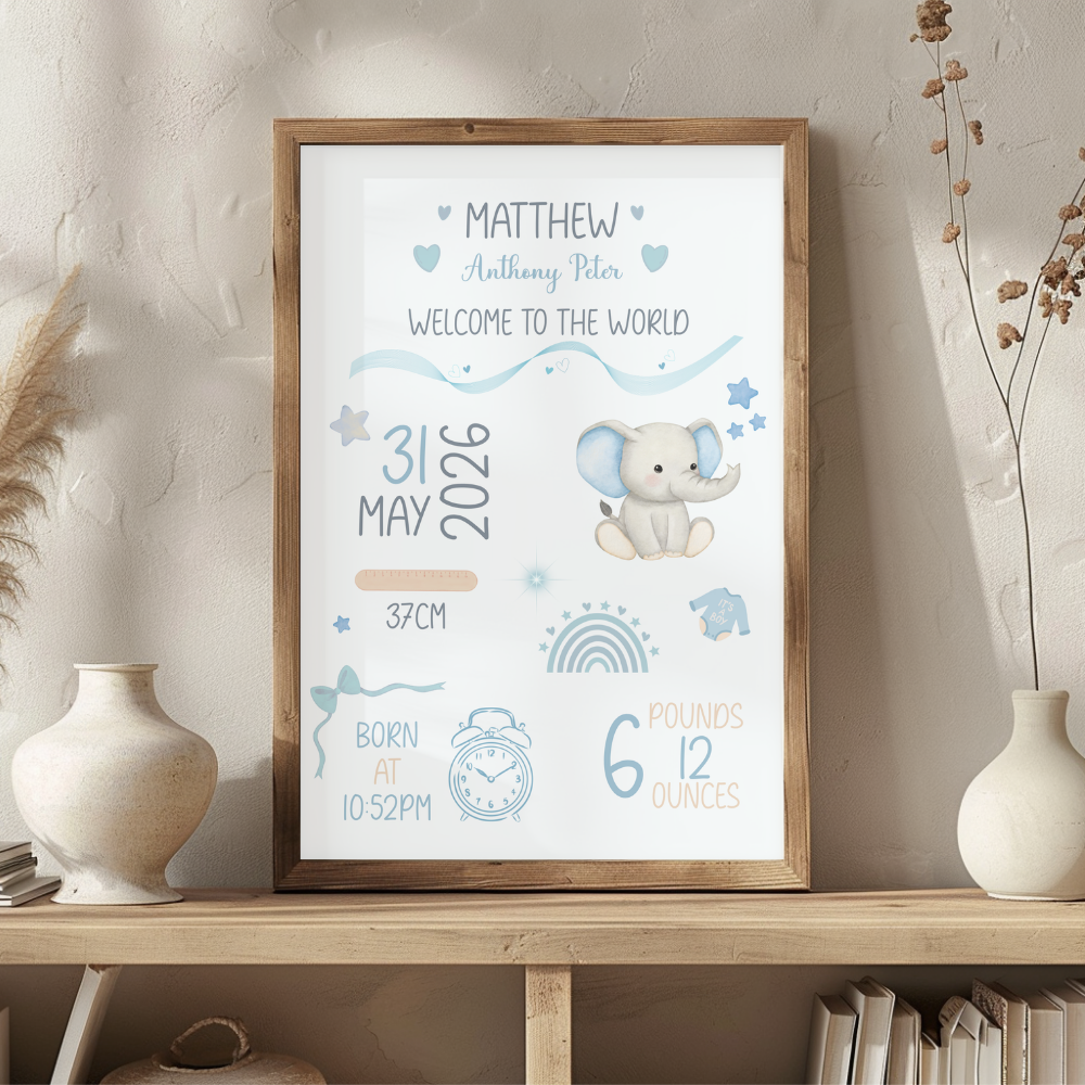 Personalised Baby Boy Birth Print | Custom Nursery Wall Art Gift