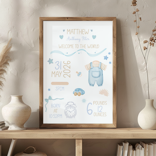 Personalised Baby Boy Birth Print | Custom Nursery Wall Art Gift