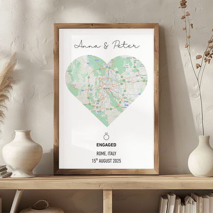 Personalised Engagement Map Print | Custom Heart Map Art