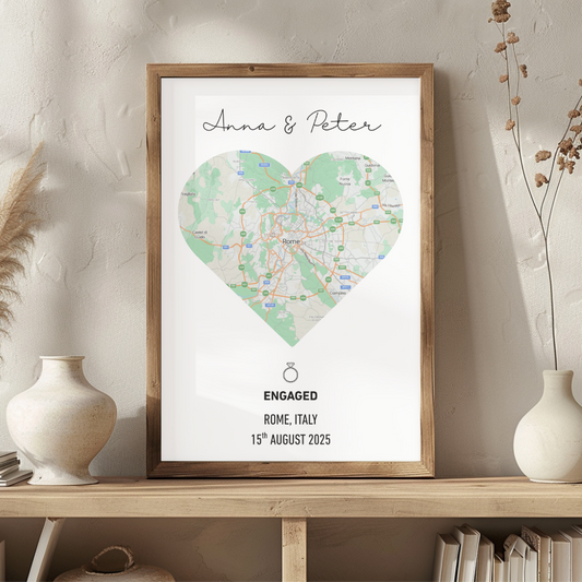 Personalised Engagement Map Print | Custom Heart Map Art